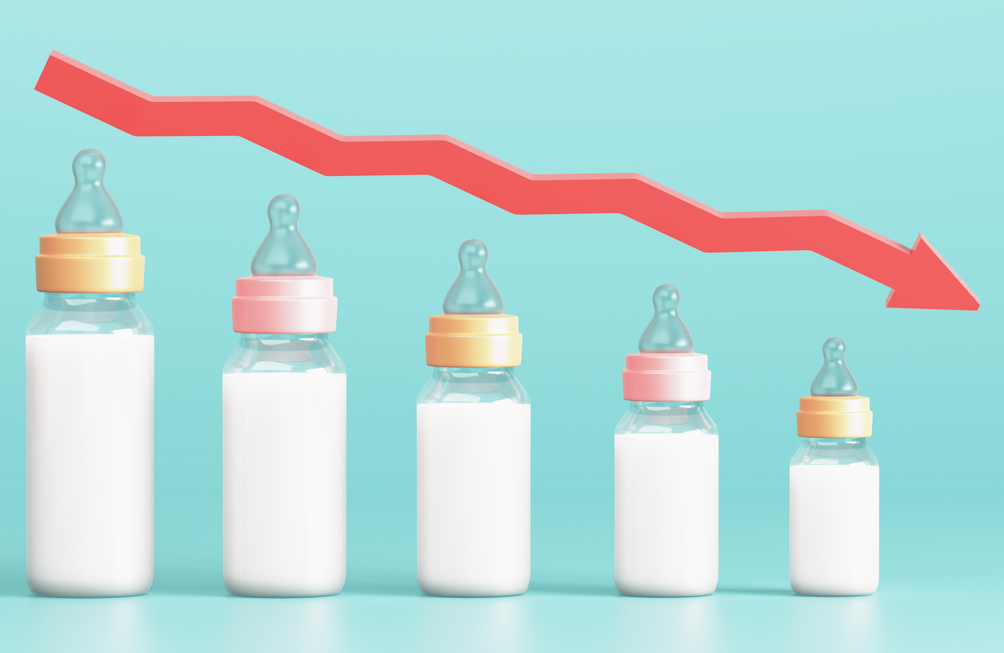 Artist rendering of fertility decline. Depopulation, demographic crisis. Baby bottles in the form of graph and down arrow.