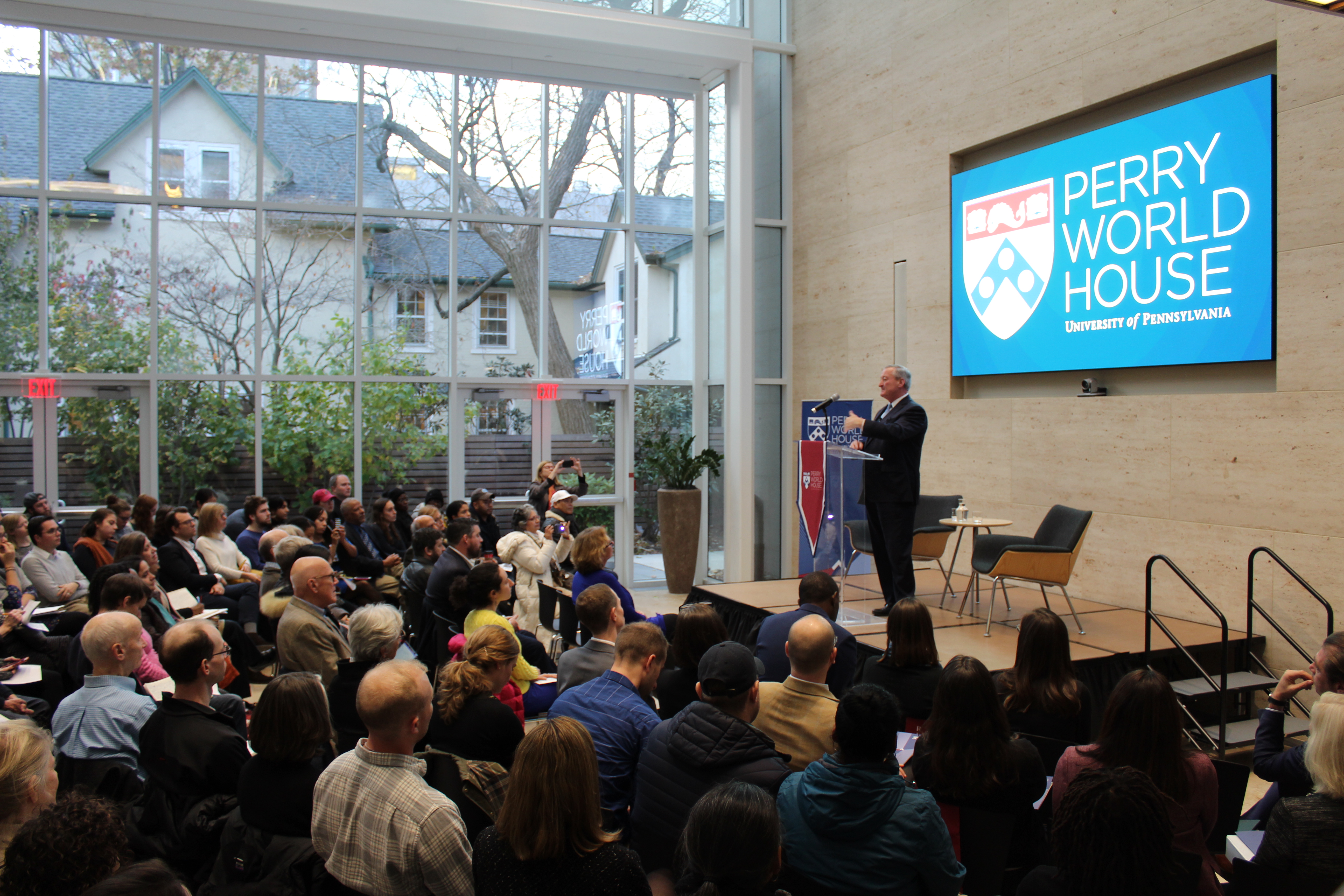 Philadelphia Mayor Kenney speaks on immigration to a packed house in the Global Forum at Perry World House.