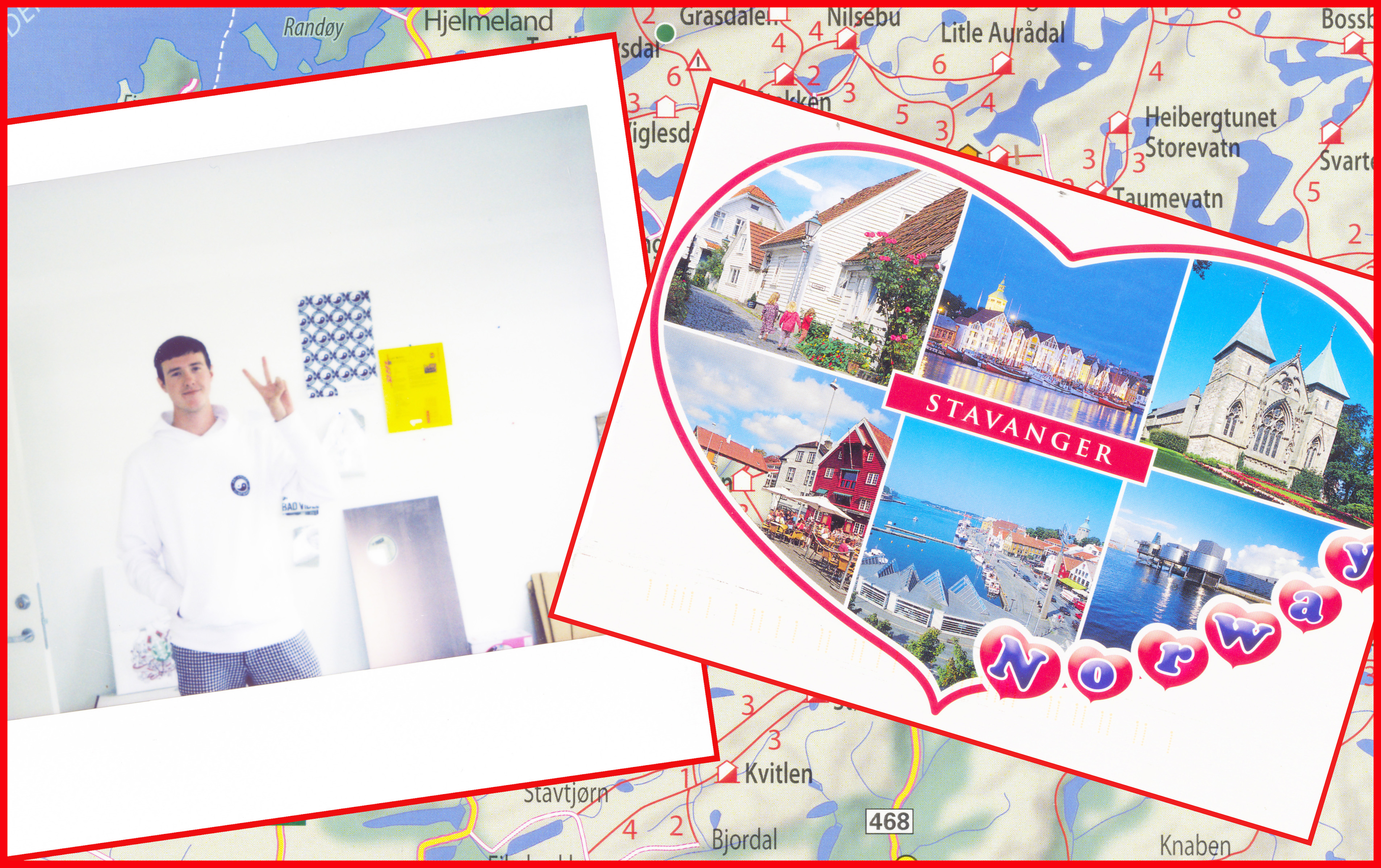 A collage including a photo of student and postcard of Stavanger superimposed over a map. 