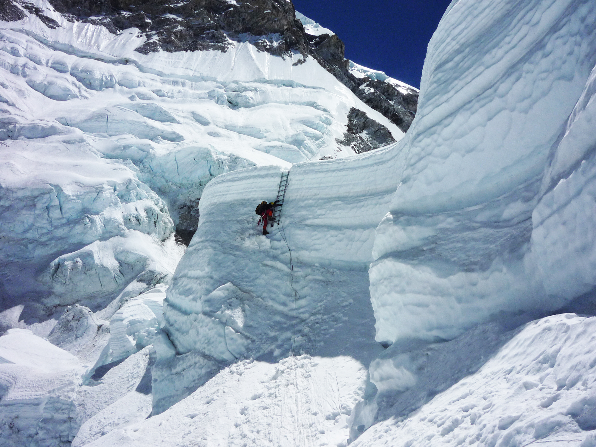 ormer graduate researcher Gabriel Willmann climbs to the top of the Khumbu Icefall in 2008.