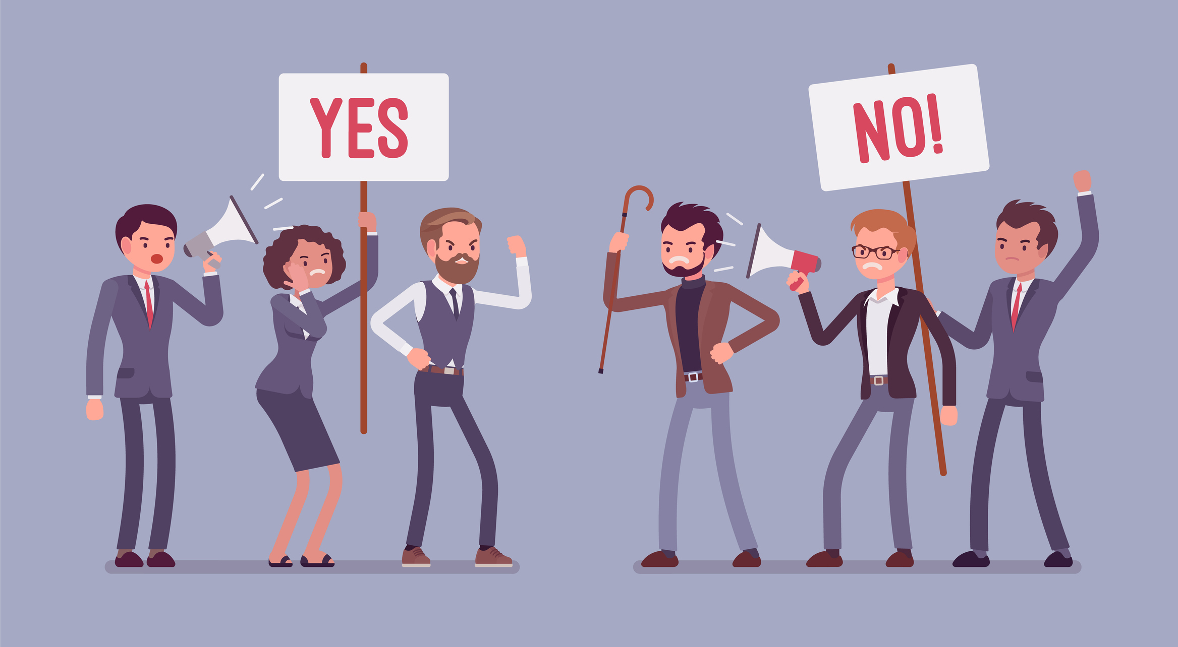 A cartoon drawing of six people. Two are holding megaphones, one is holding a sign that says "Yes," one is holding a sign that says "No," and one is holding a cane.