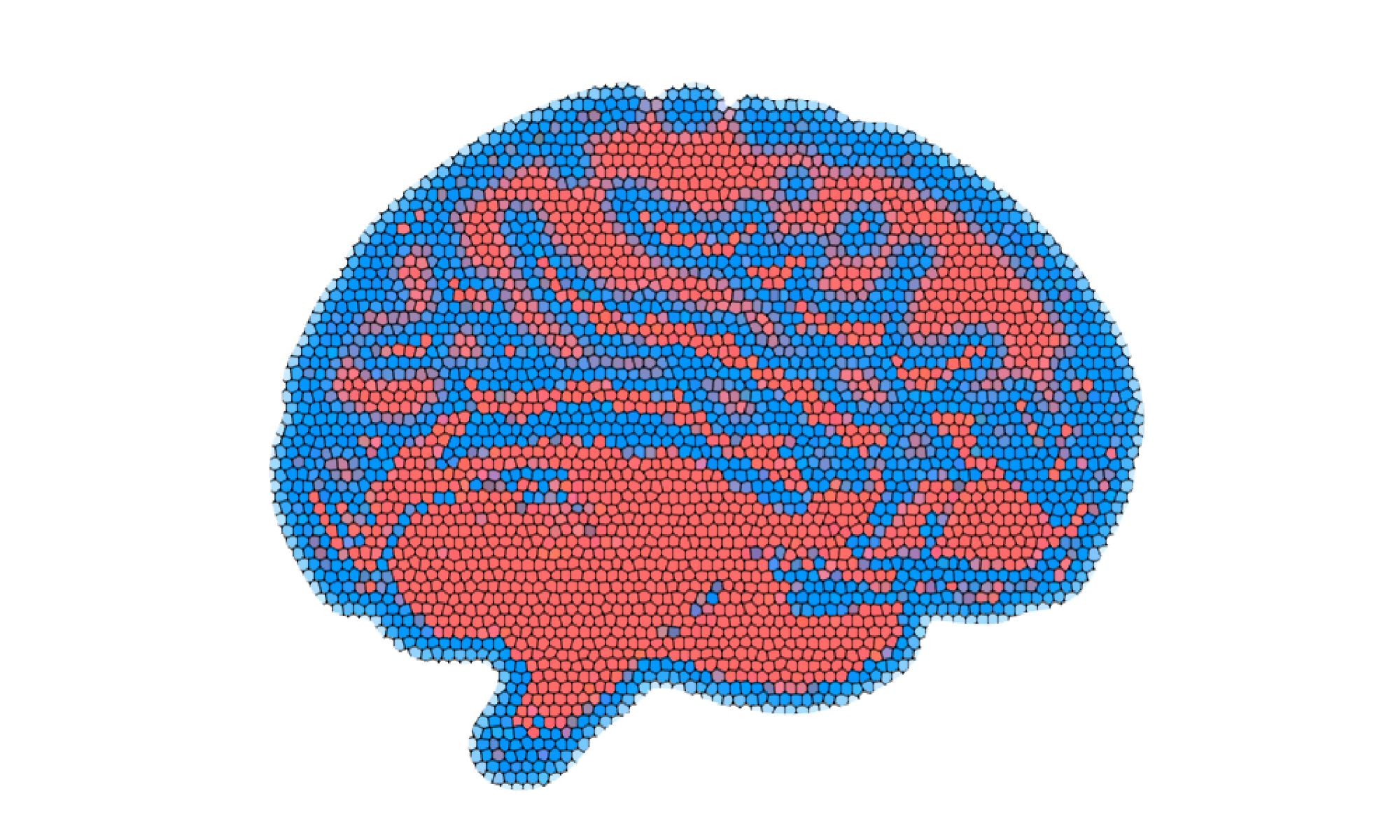 Pixelated image of a brain with red, blue, and purple regions