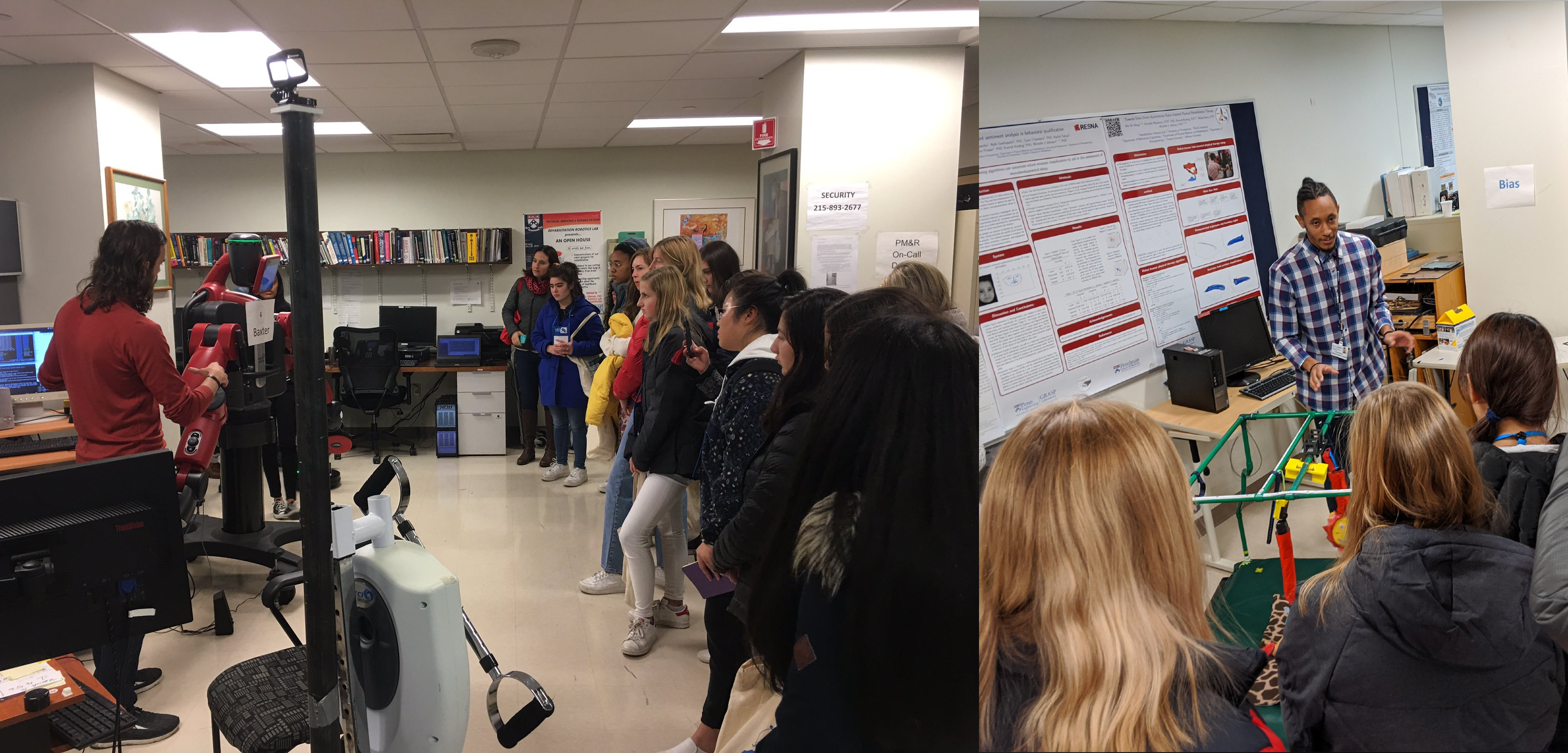 students touring a lab looking at robots and rehabilitation equipment