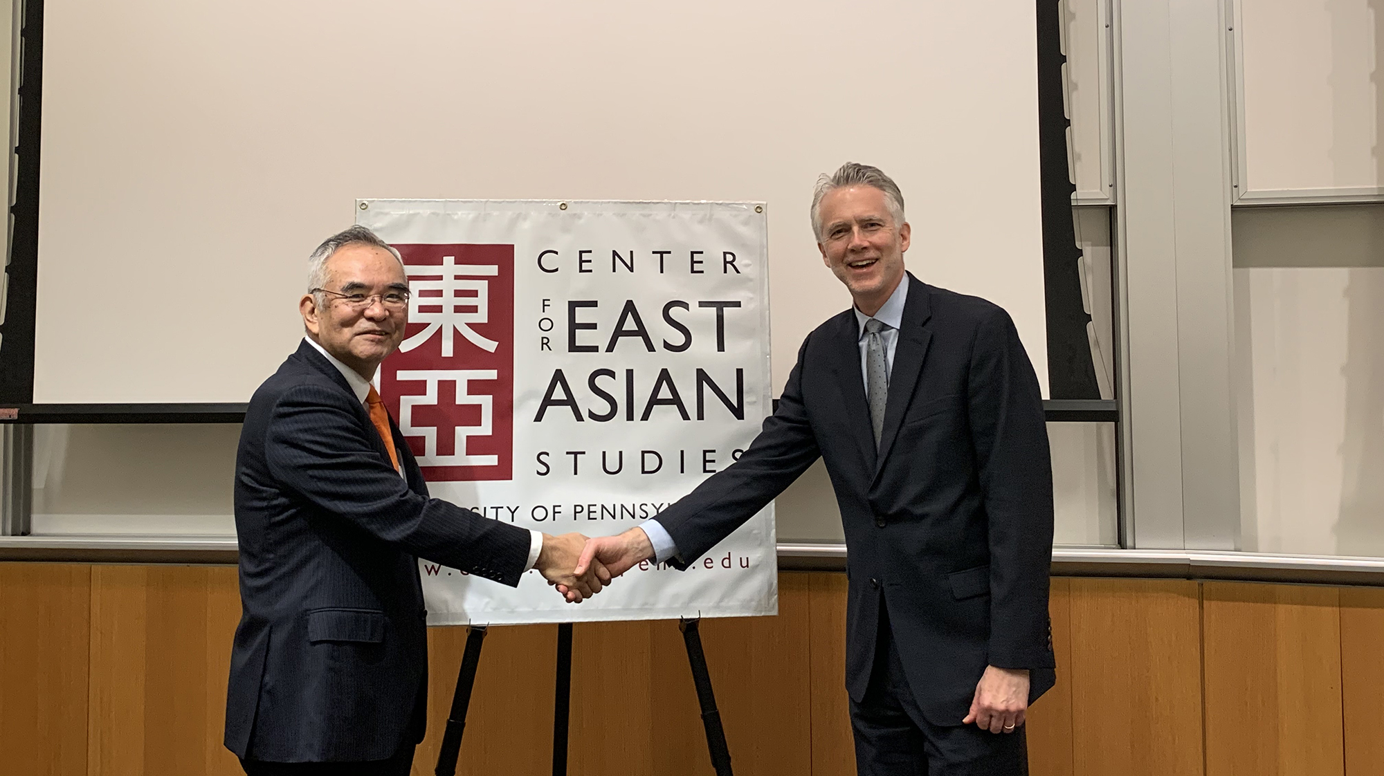Ambassador Kanji Yamamouchi, left, with Center for East Asian Studies Director Frederick Dickinson at Huntsman Hall.