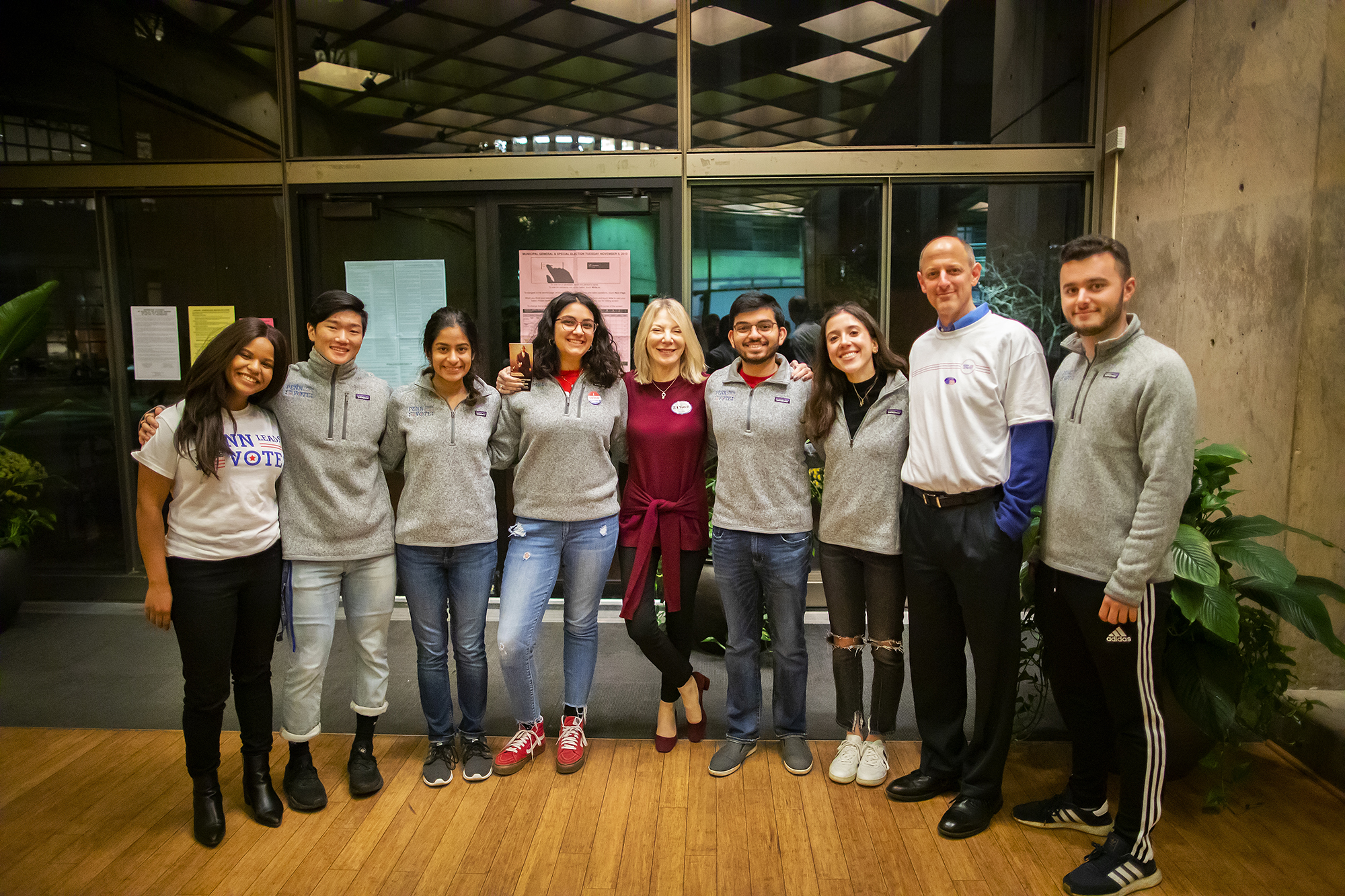 Penn President Amy Gutmann and volunteers with Penn Leads the Vote at Vance Hall