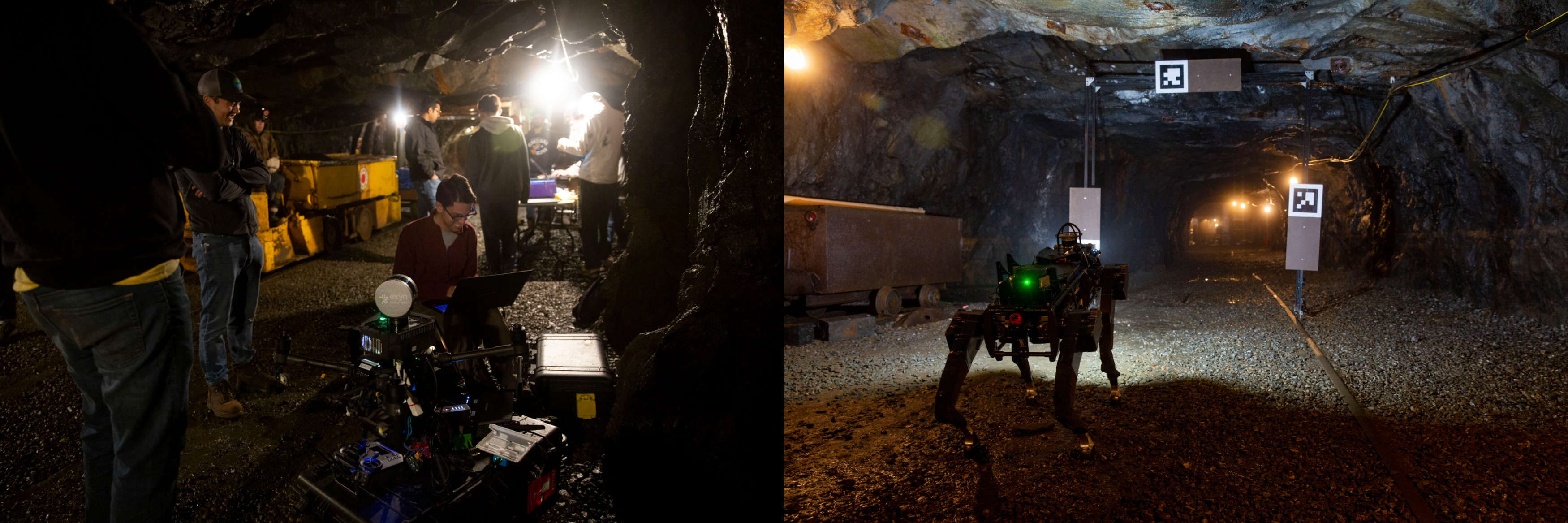 on the left, a group of students working on robots and at computers in a cave, on the right, a legged robot waits in front of an archway with QR codes