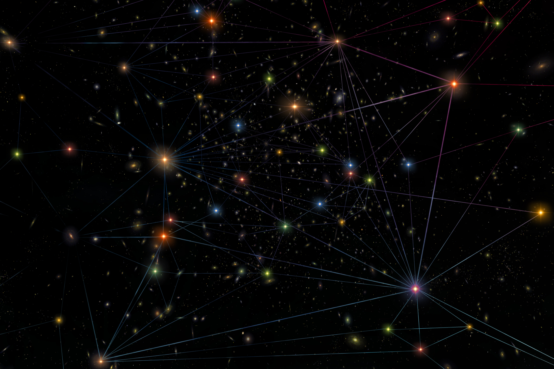 a map showing lines between a map of galaxies, shown as colored points across a dark sky