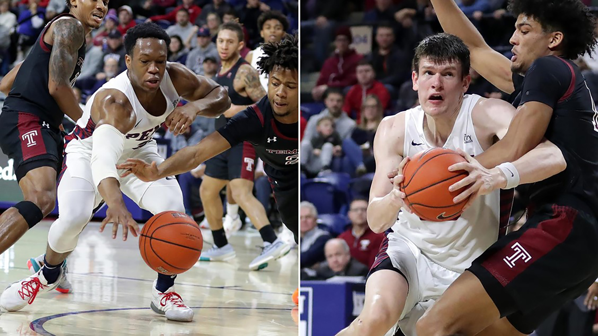 Two images slice together of Jordan Dingle and A.J. Brodeur playing against Temple at the Palestra.
