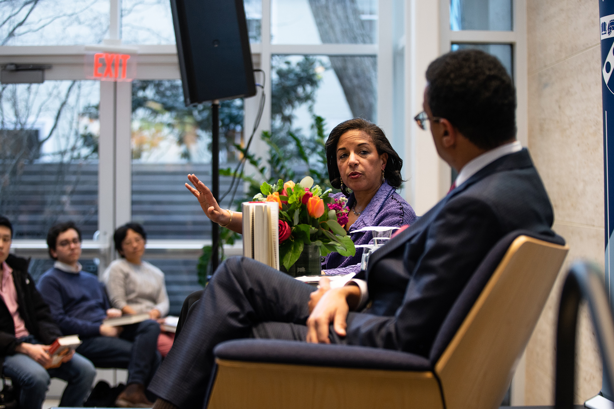 Susan Rice looks at Provost Wendell Pritchett while discussing her book at the Perry World House