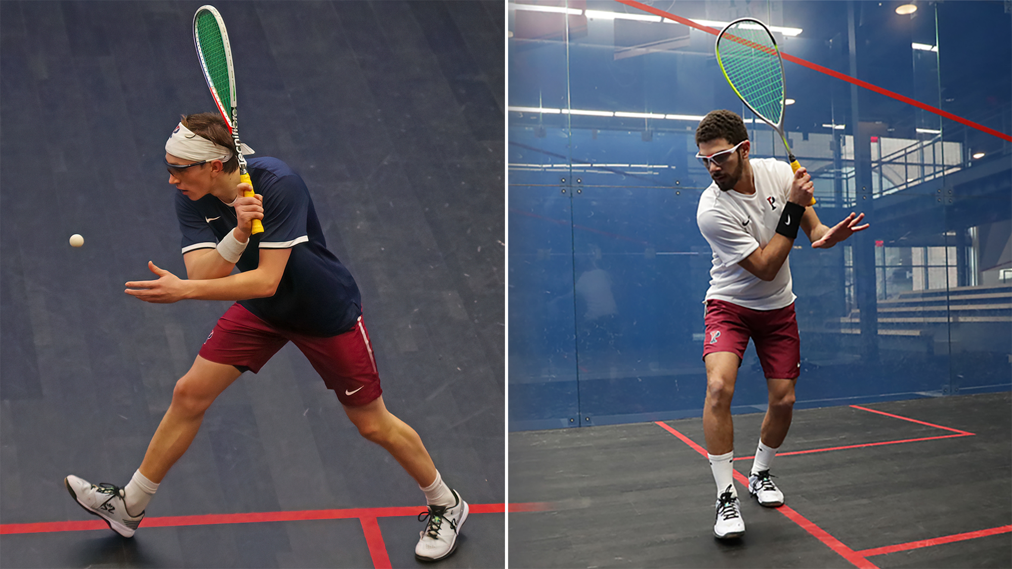 In a composite, Andrew Douglas, left, and Aly Abou Eleinen prepare to hit the ball with their racquets.