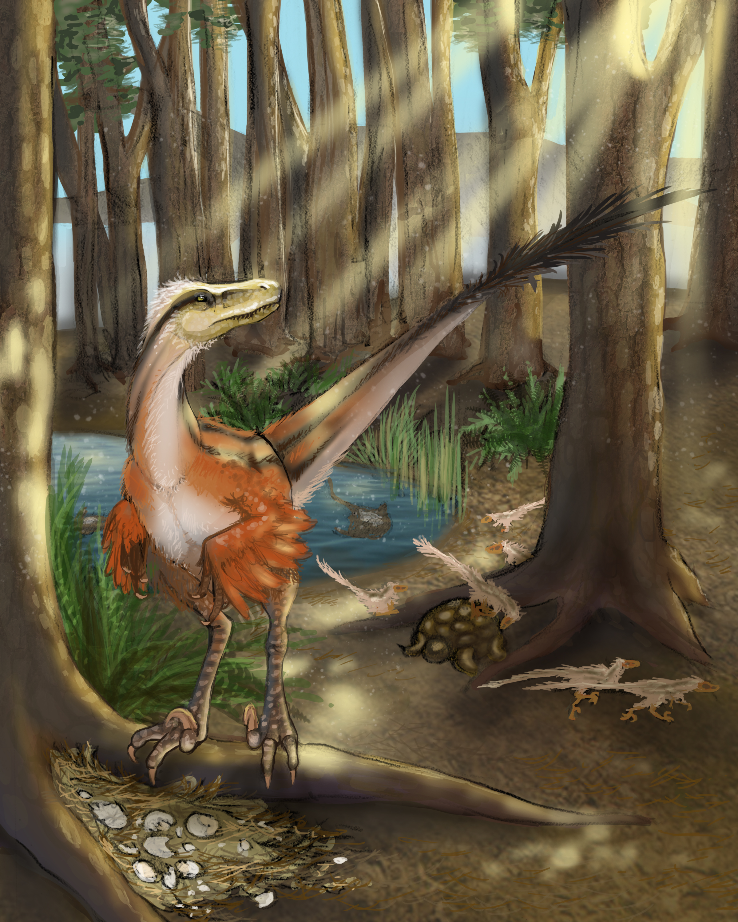Illustration of a dinosaur in a forest with nestlings