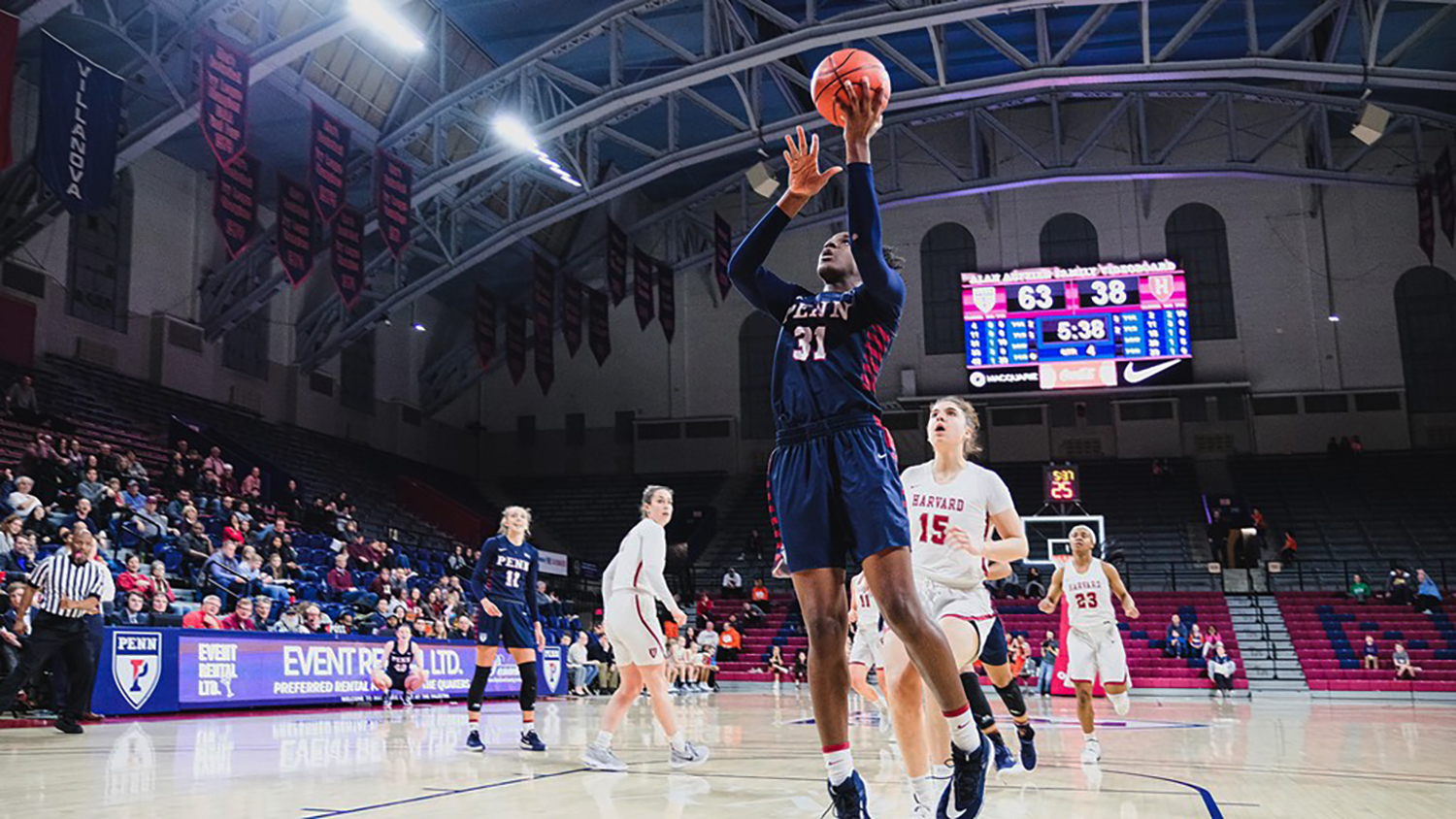 Junior center Eleah Parker goes up for a lay up against Harvard at the Palestra.