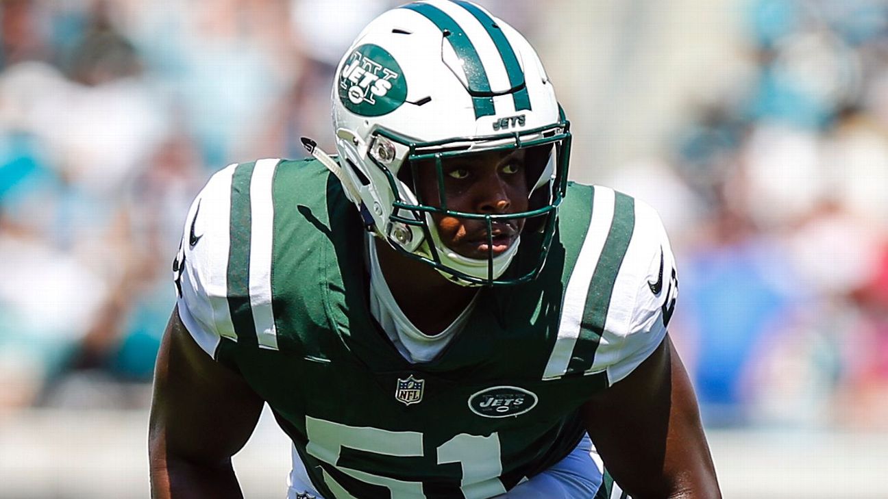 Brandon Copleland plays linebacker for the New York Jets during a game in New York.