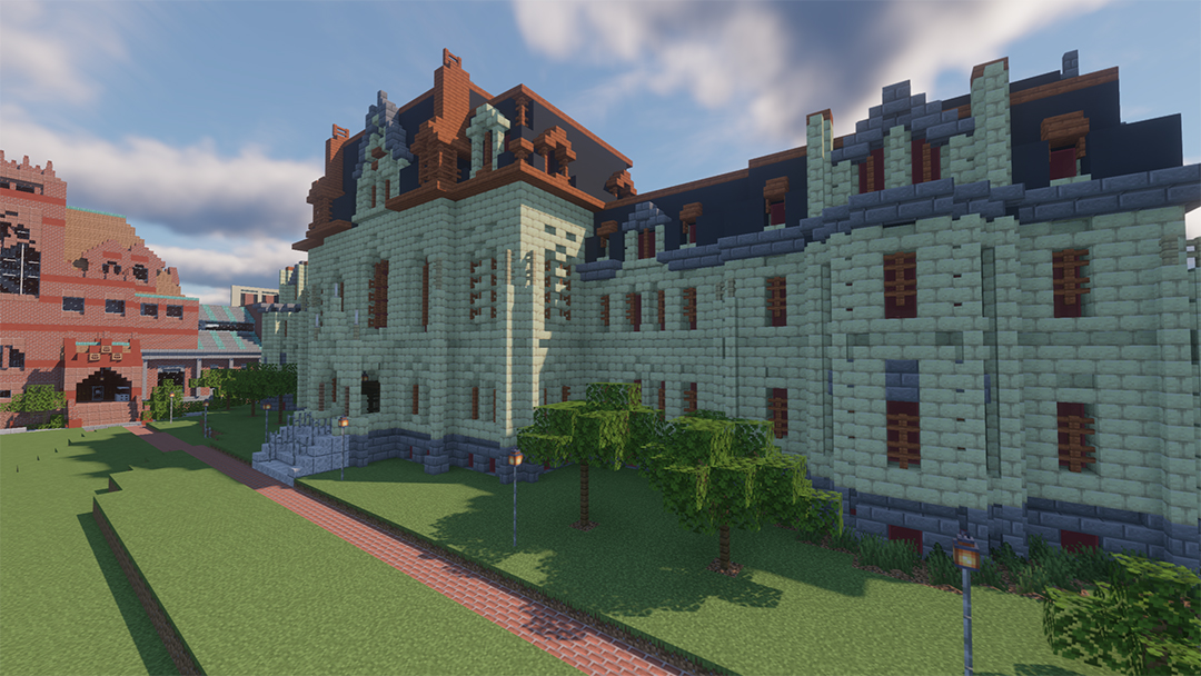 College Hall looking blocky in digital Minecraft form