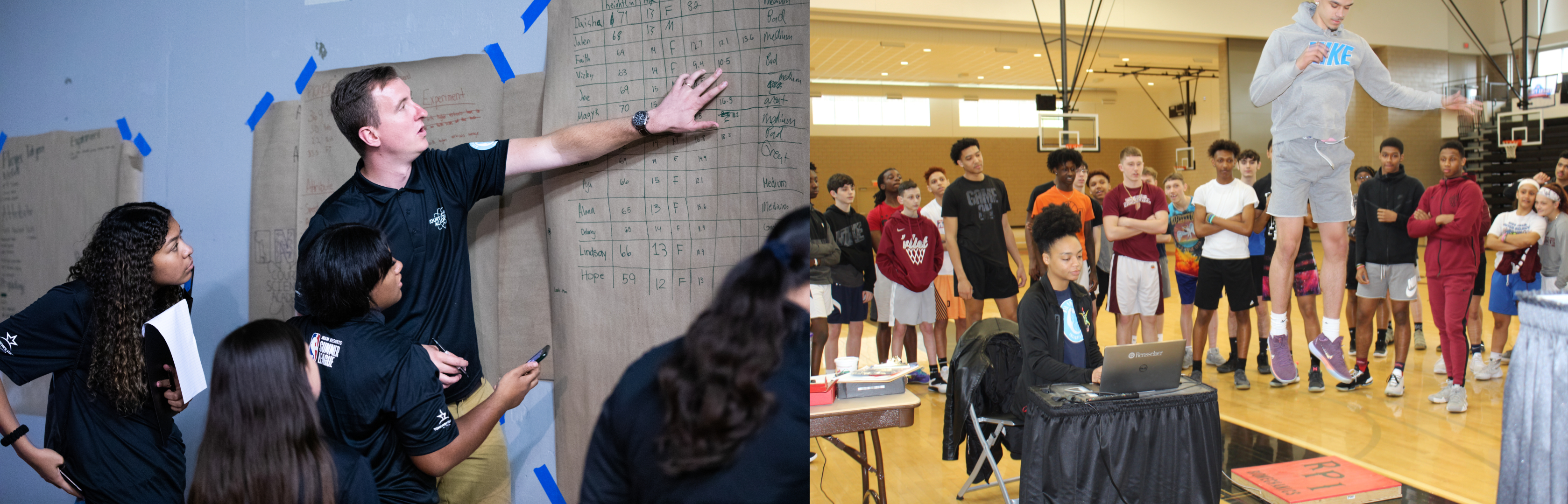 on the left, a person discusses numbers on a chart to a group of students, on the right, students on a basketball court watch as a person jumps onto a box while another person looks at a laptop screen