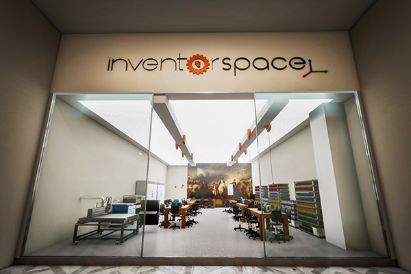 computer-rendered image of inventorspace with desks and chairs for students to work