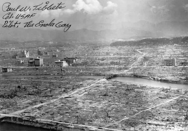 Black and white photo shows aerial view of destruction of Hiroshima on Aug. 6, 1945