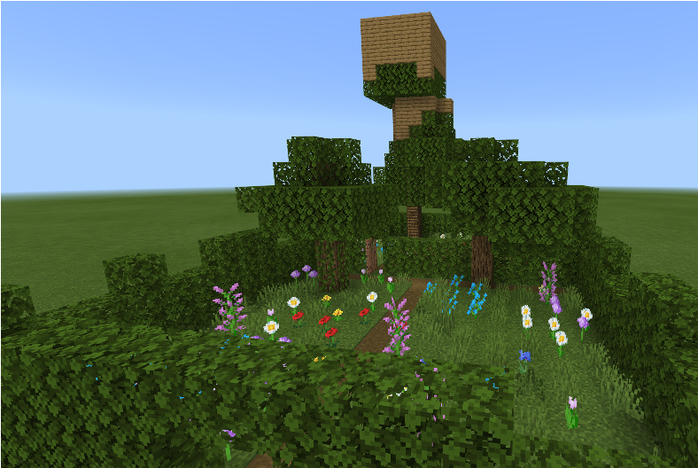 a blocky design of a garden area made in Minecraft