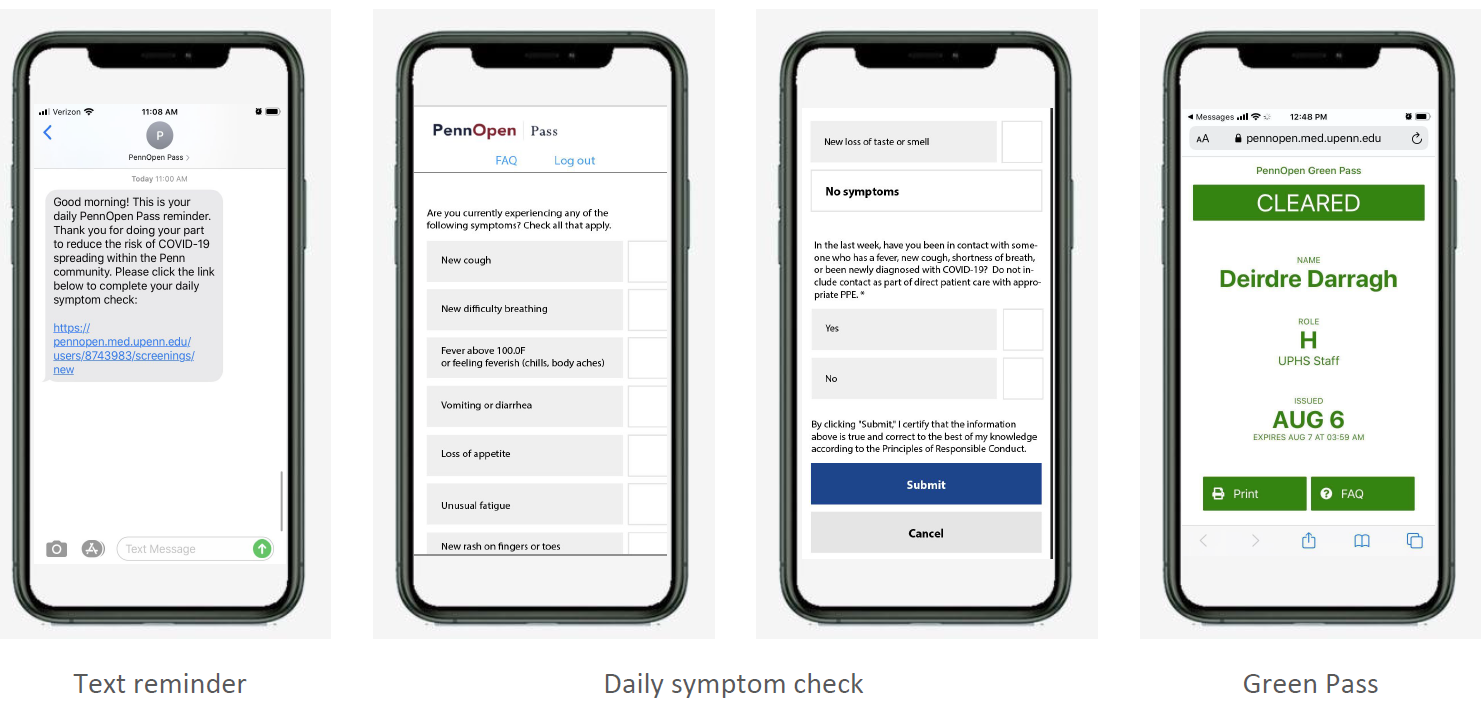four screenshots of the PennOpen pass system, showing a text reminder screen, two screens with daily symptom checks, and what the green pass looks like