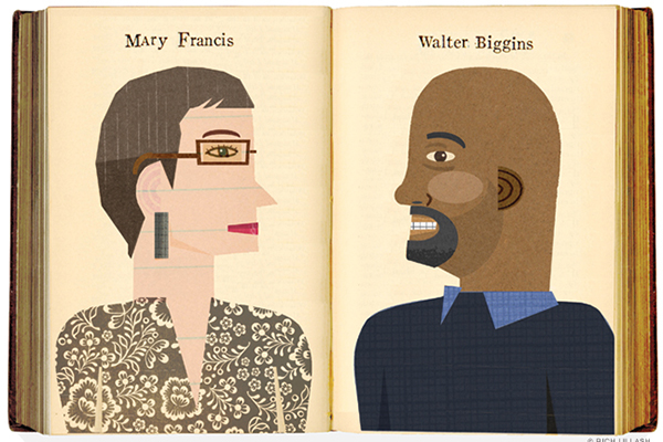 Illustration of an open book, on the left side is a profile drawing of Mary Francis, on the right is Walter Biggins.