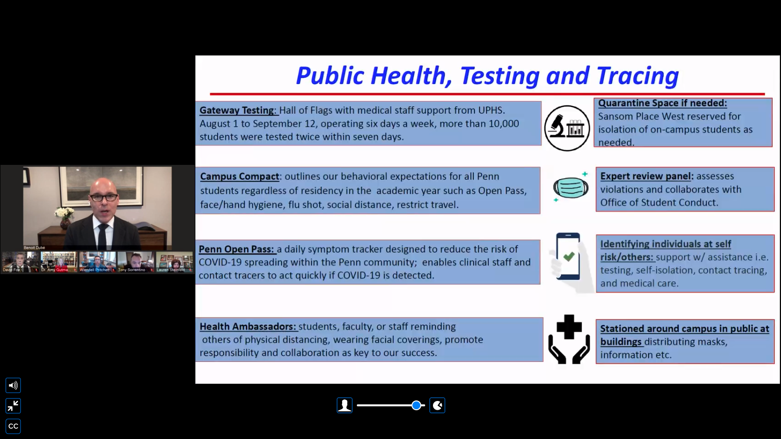 a screen shot of an online presentation, with speakers and listeners on the left side of the screen and a slide on the right with the title public health, testing and tracing