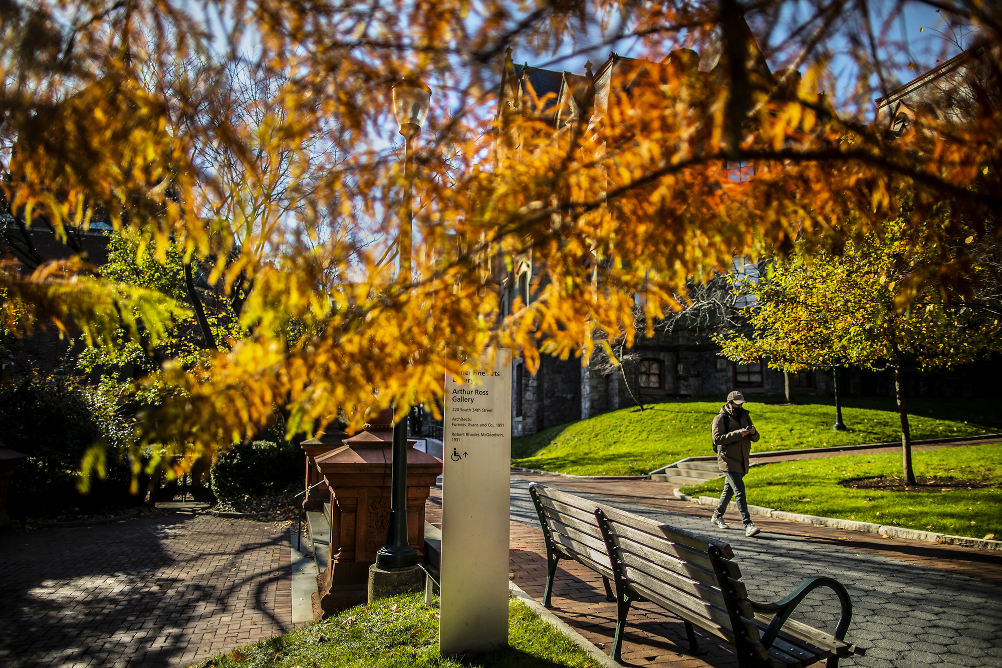 Person walking past the signpost for the Arthur Ross Gallery on Locust Walk surrounded by fall foliage.