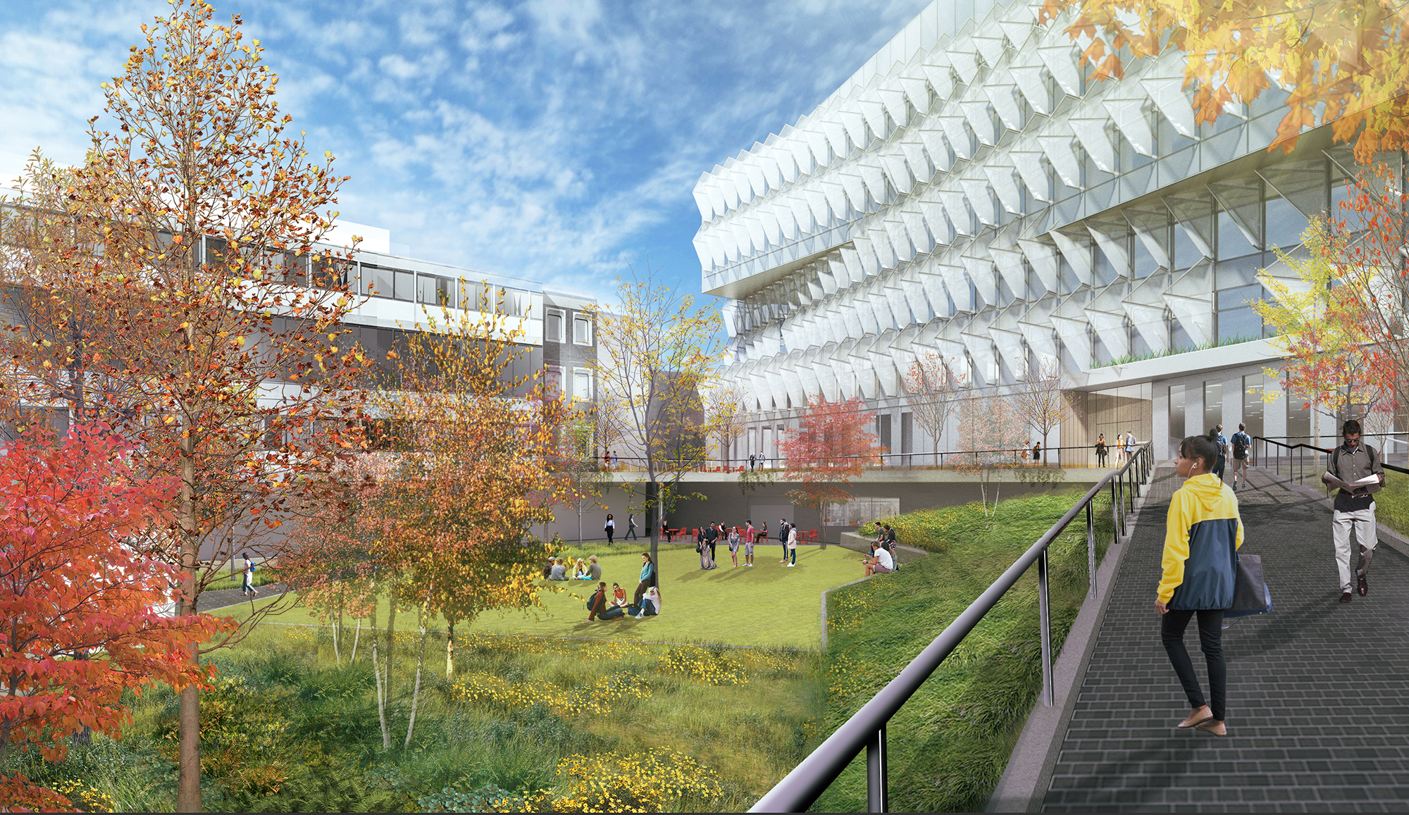 Architectural rendering of the back of the new Vagelos building and a large greenspace courtyard with trees.