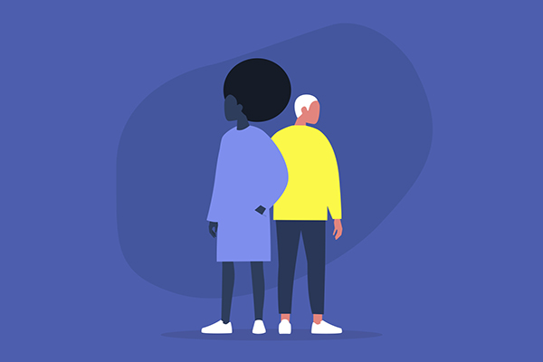 Illustration of a person of color and a white person standing back to back looking in opposite directions.