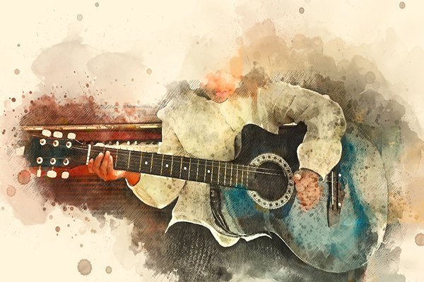 Abstract watercolor of a person playing guitar on a bench.