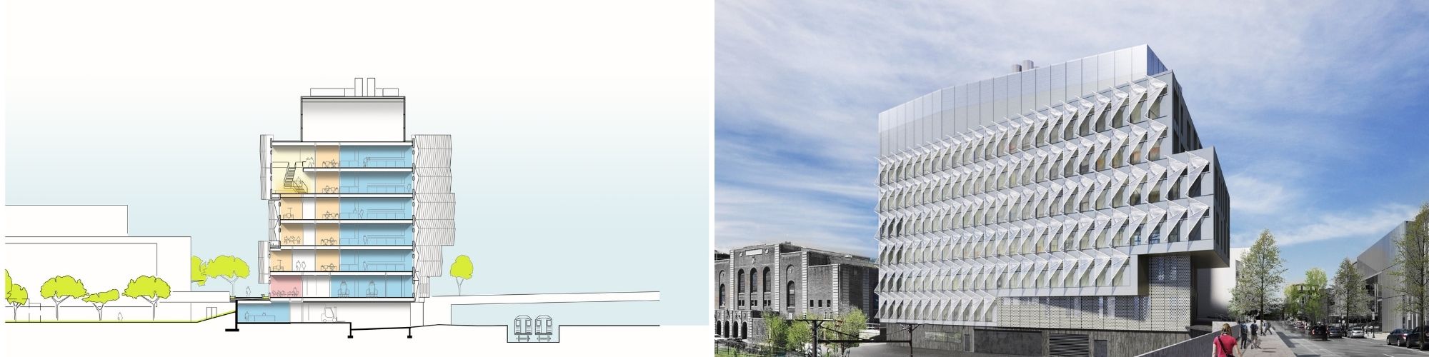 Side by side of architectural drawings of the new Vagelos building with interior and exterior views.