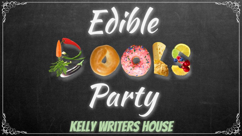 Edible Books Party Kelly Writers House with Books spelled out using images of food, like peppers, fruit, a bagel a donut.
