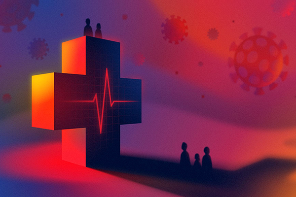 Large rendering of the healthcare cross symbol with people standing both on top of and below the symbol against a background featuring the coronavirus germ floating nearby.