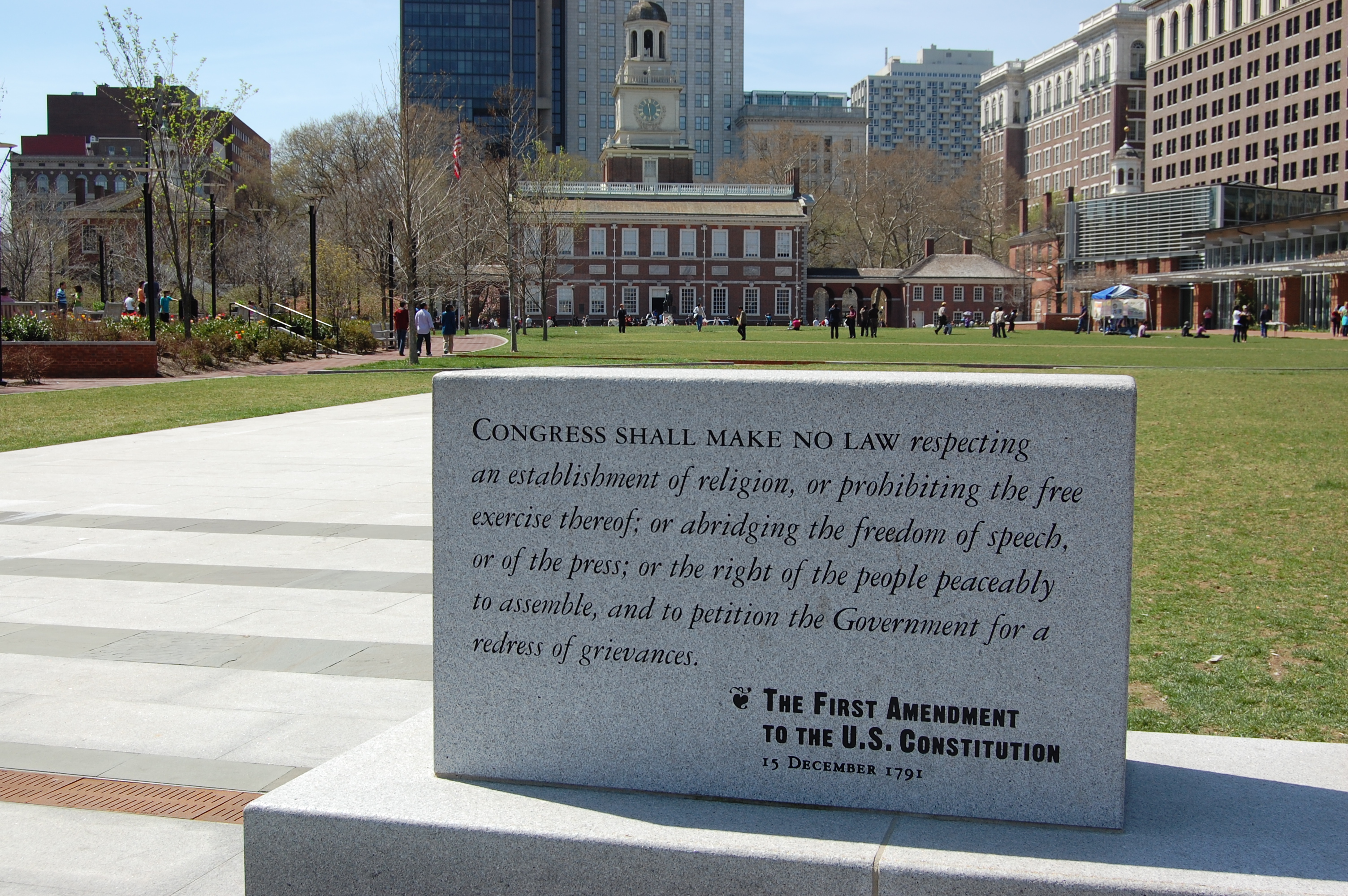 A stone block displaying the words to the First Amendment on display outside Independence Hall.