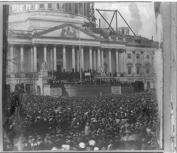 Crowds fill the area near the U.S. Capitol in 1861 during Abraham Lincoln's inauguration.