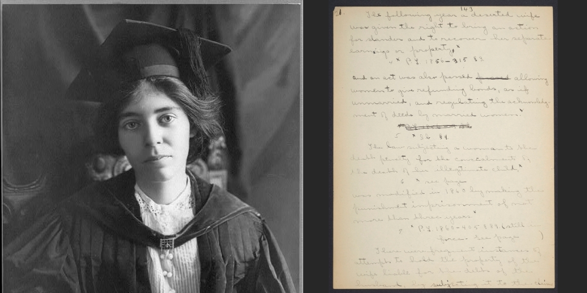 Alice Paul in her graduation robes and a handwritten page from her PhD dissertation manuscript