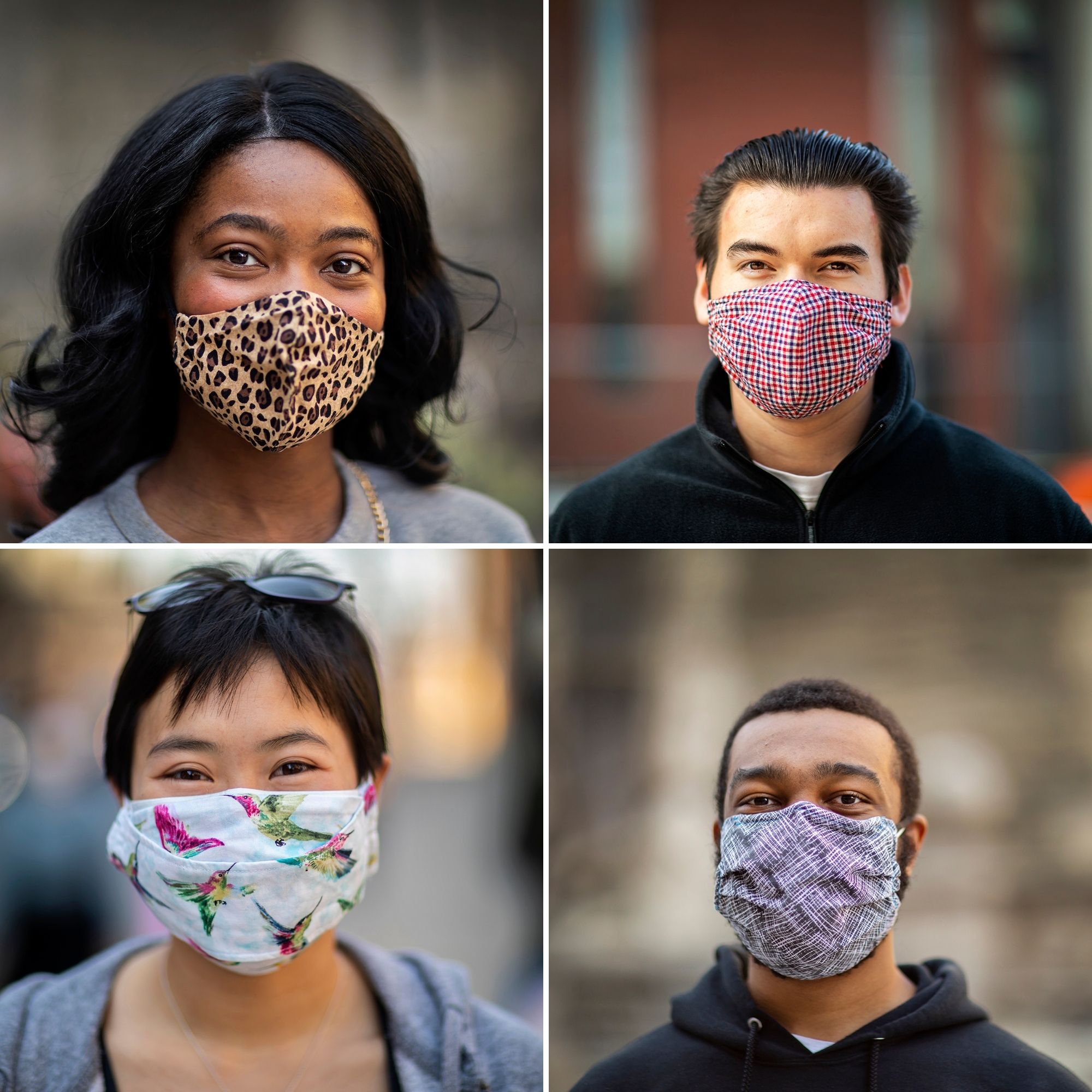 Four Penn community members wearing patterned face masks.