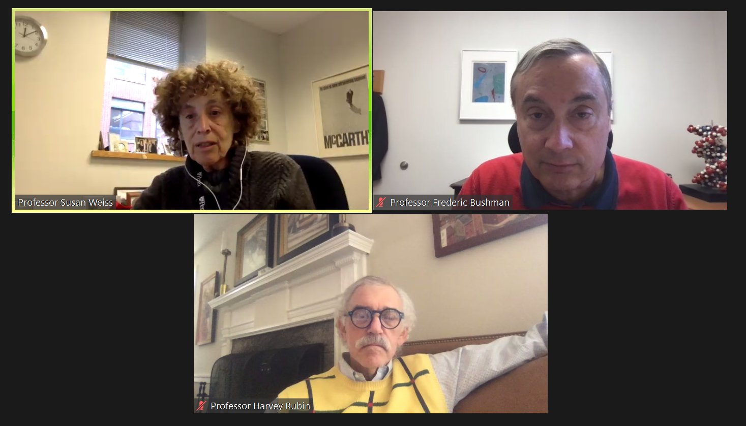 a zoom screen shot featuring from top left counterclockwise susan weiss, frederick bushman, and harvey rubin
