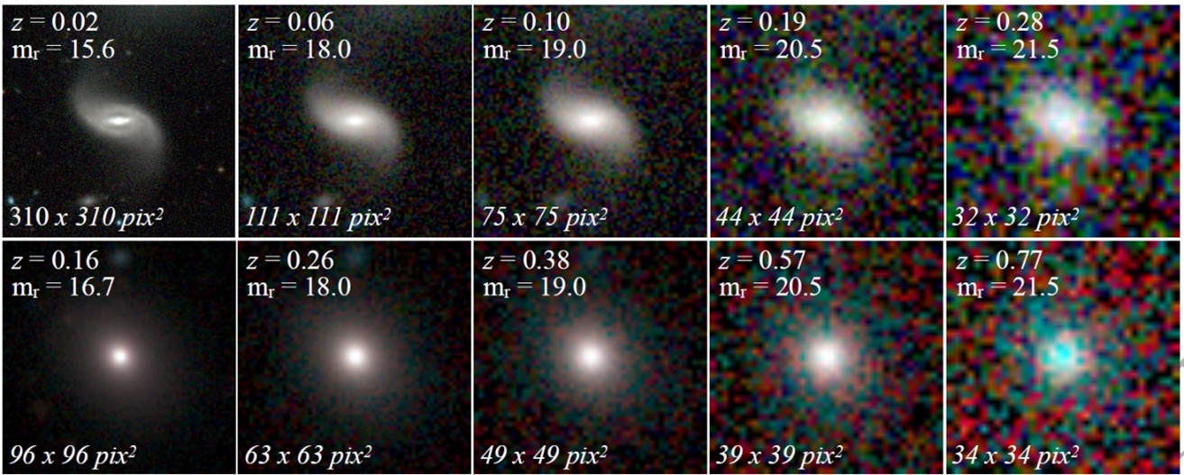 a series of images of a spiral and elliptical galaxy with different levels of pixelation