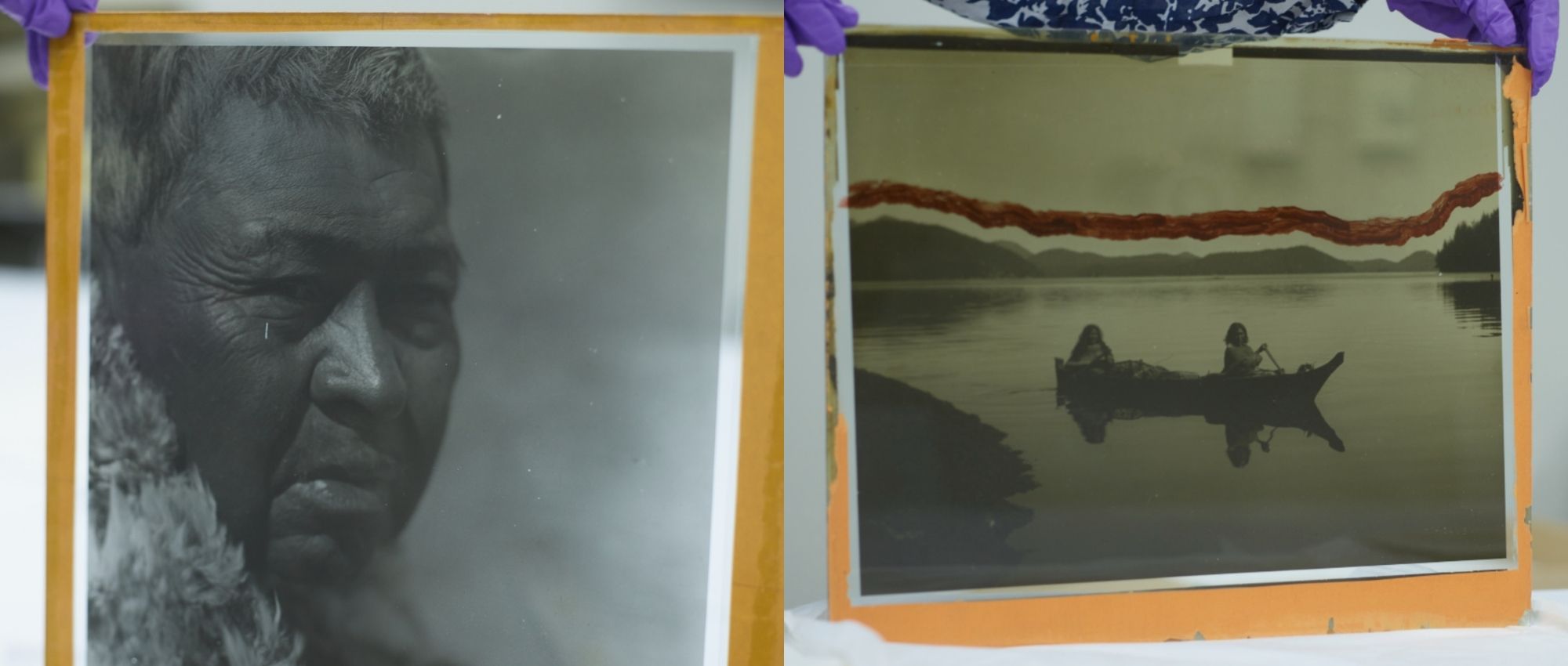At left, an portrait of an Indigenous person, at right, an image of two Indegenous people rowing in a canoe on a lake. 