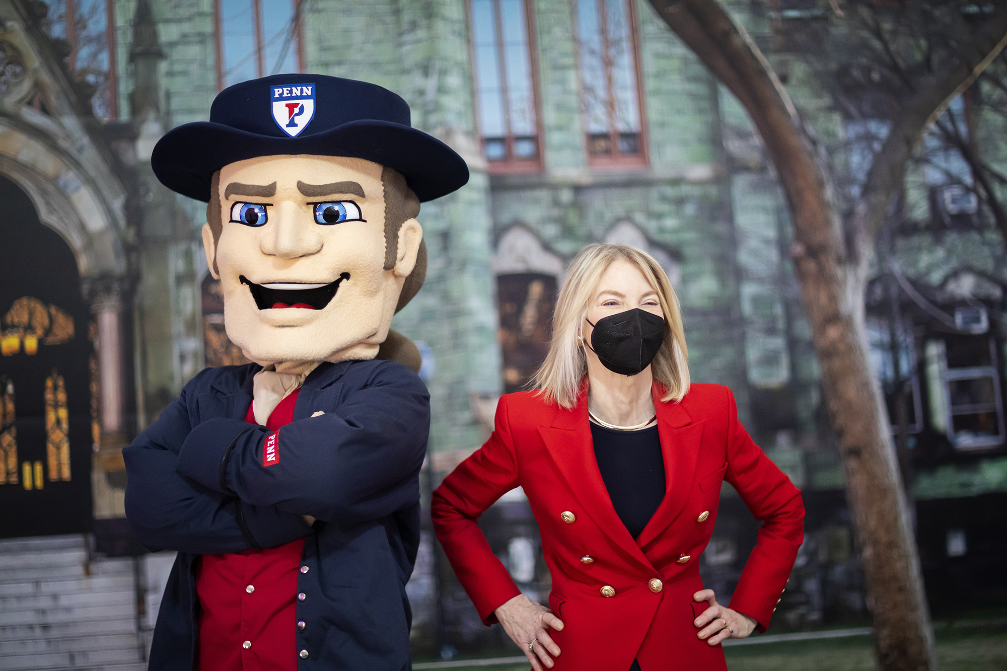 Penn President Amy Gutmann and Penn Quaker mascot.