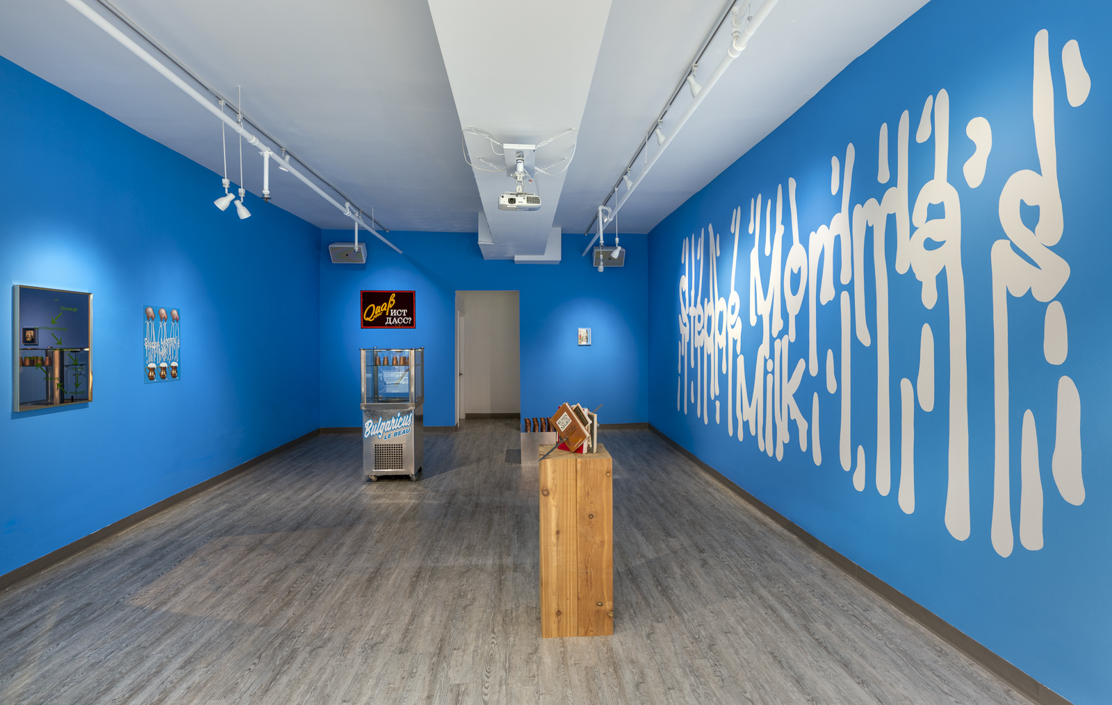 Blue walls in a gallery space with Steppe Mommas written on far right wall