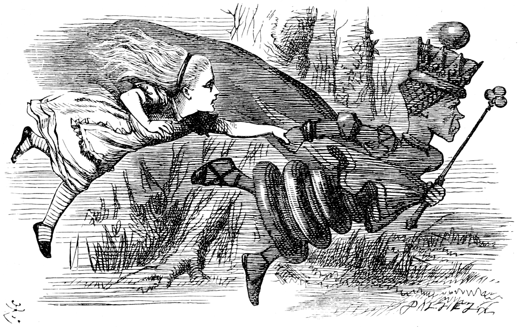 Illustration of Alice in Wonderland chasing the Red Queen