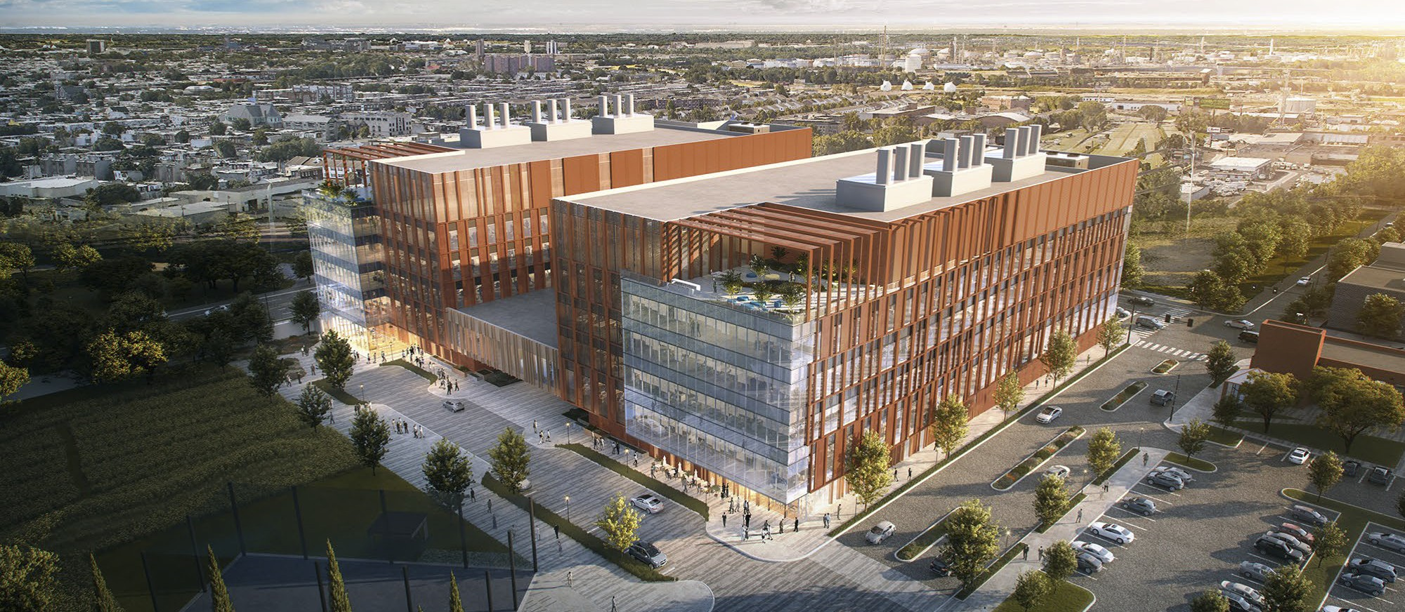 Rendering depicting aerial view of new life sciences building on Pennovation Works campus