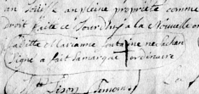 cursive writing in French with an X for a signature