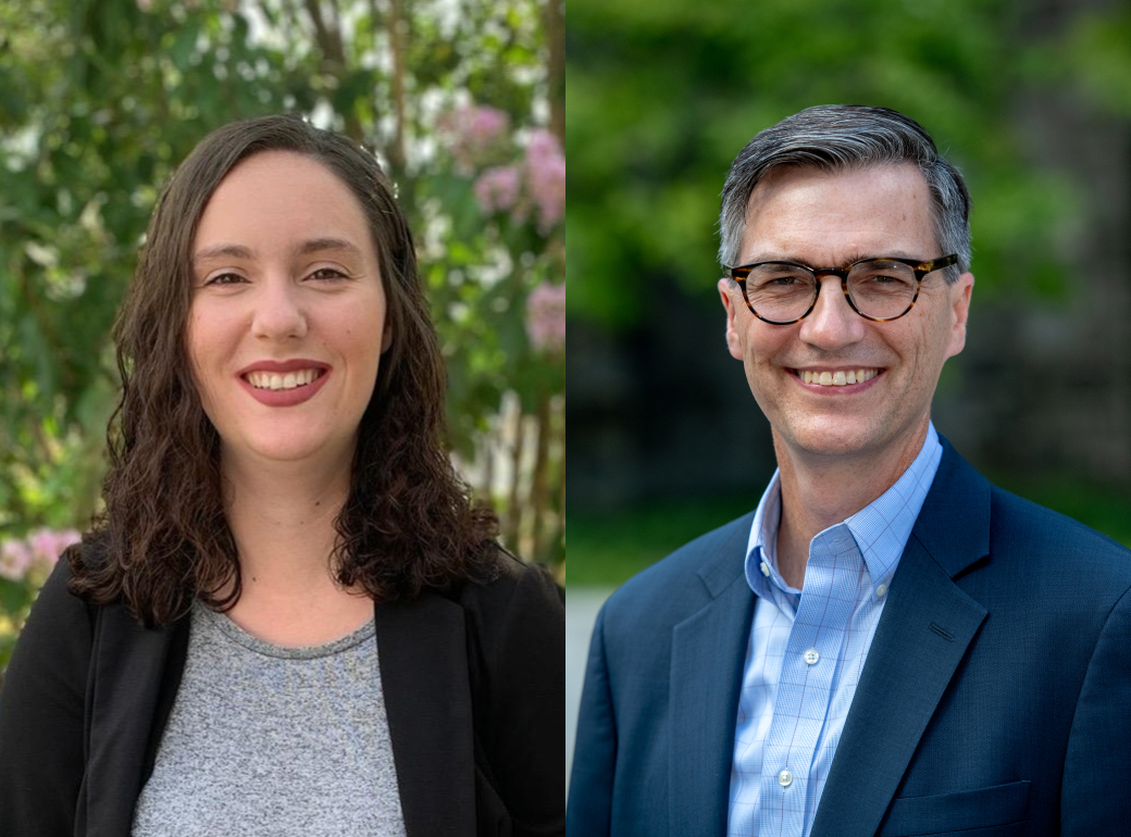 Headshots of researchers Katherine Cotter, a woman smiling with a brown hair and a blue blazer, and James Pawelski, a smiling man with tortoiseshell glasses and greying hair in a blue blazer.