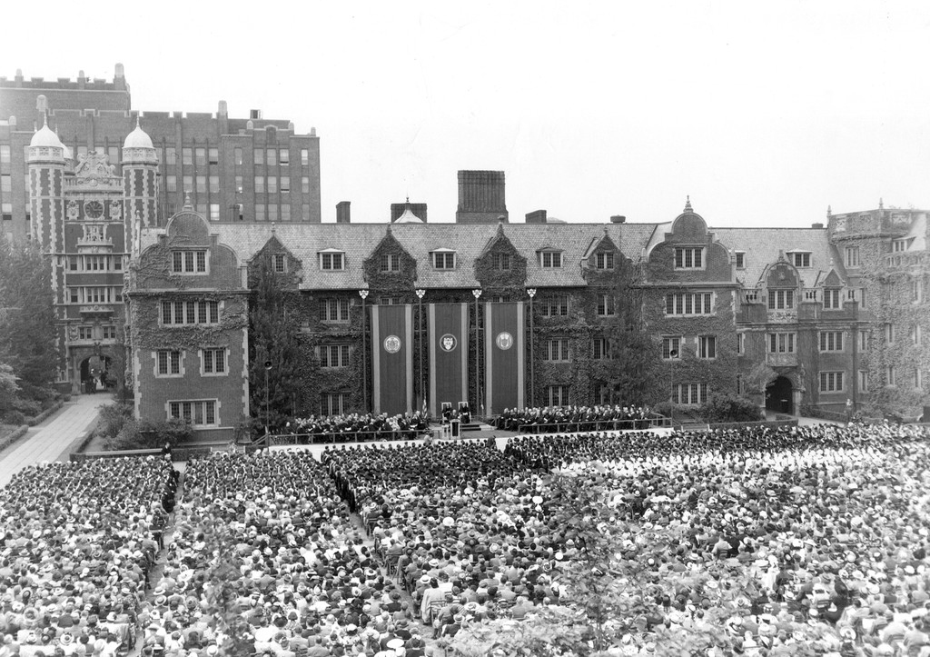 An aerial historical image of a Penn Commencement ceremony.