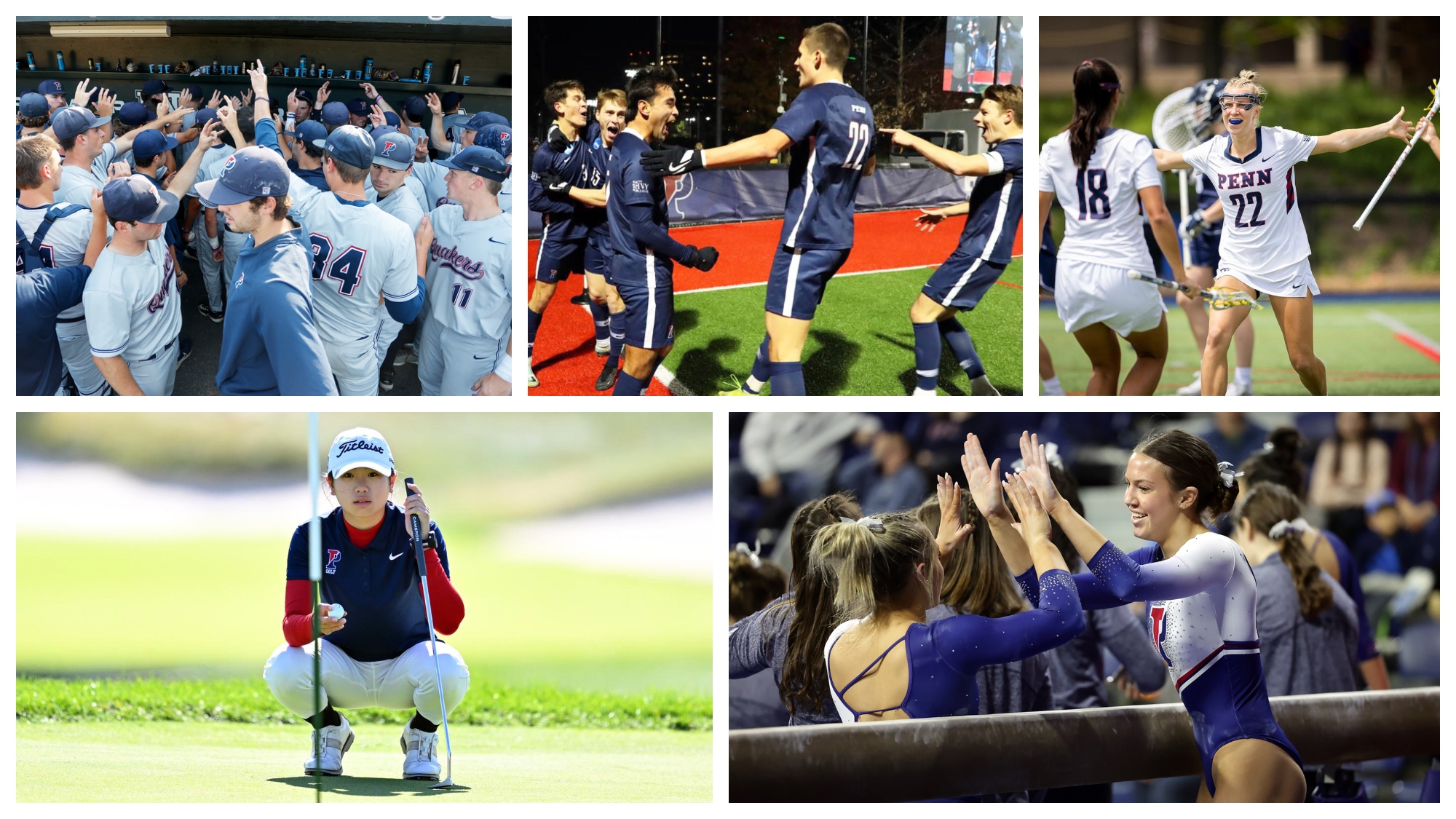 A grid showing baseball, men's soccer, women's lacrosse, women's golf, and gymnastics Penn student-athletes performing on the field.