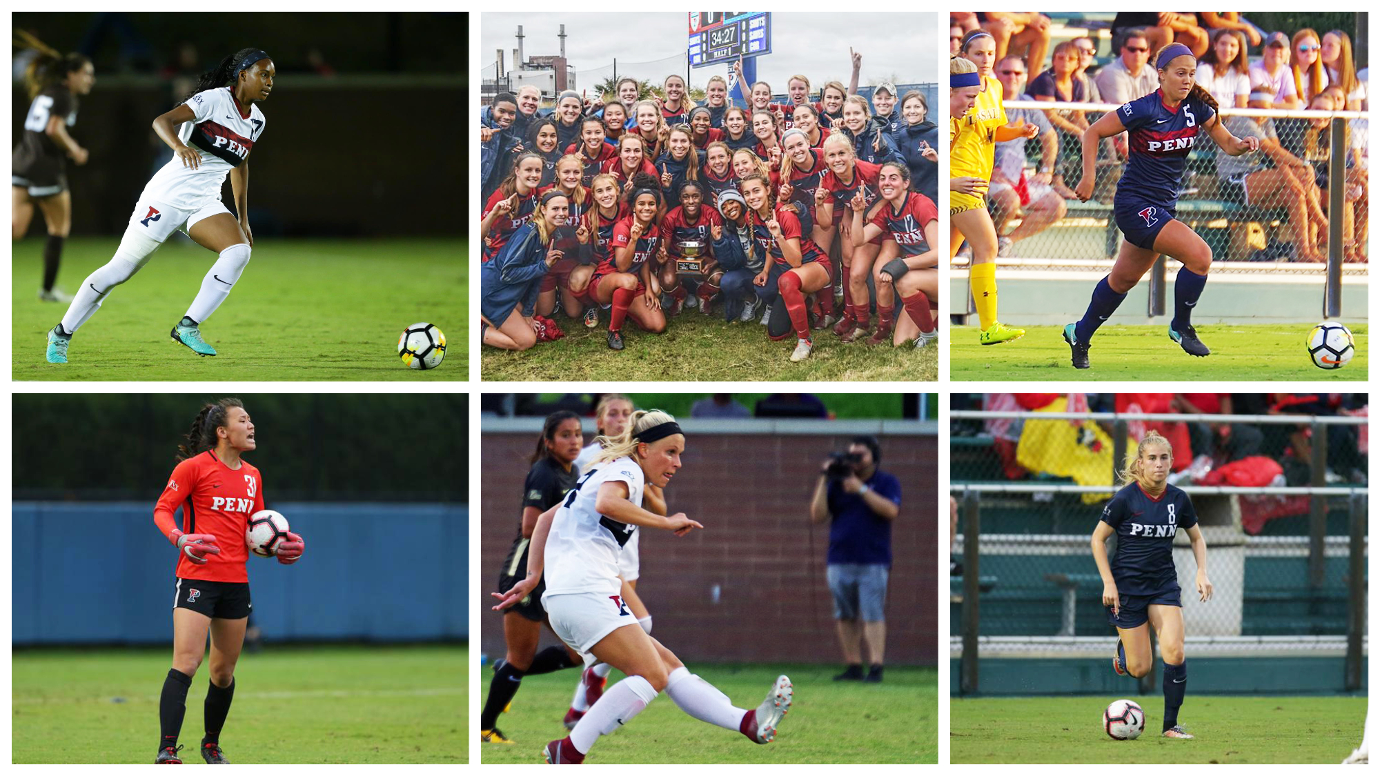 A grid showing members of the 2018 women's soccer team kicking the ball, holding the ball, running toward the ball, and celebrating their Ivy League co-championship.