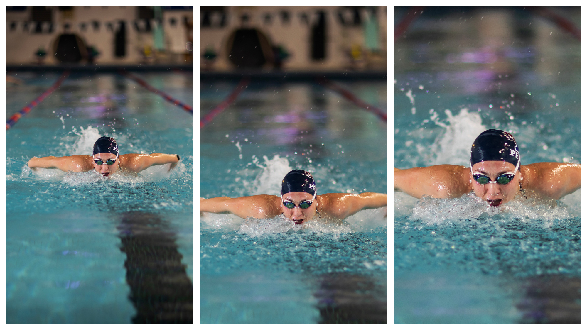A collage of Anna Kalandadze swimming in the pool at the Pottruck Center.