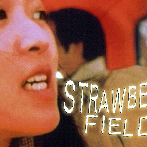 Strawberry Fields graphic with woman looking to the side anxiously